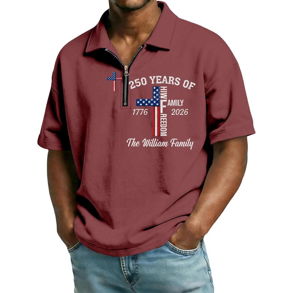 Men’s Short Sleeve Polo Shirt with Zipper Collar and Printed Cross Pattern Casual Soft Comfortable Top for Everyday Wear