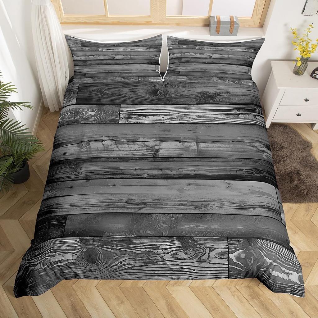 Geometric Bedding Set,Patchwork Plaid Duvet Cover Twin King for Teens Adults,Retro Vintage Comforter Cover,Wooden Plank Bed Set