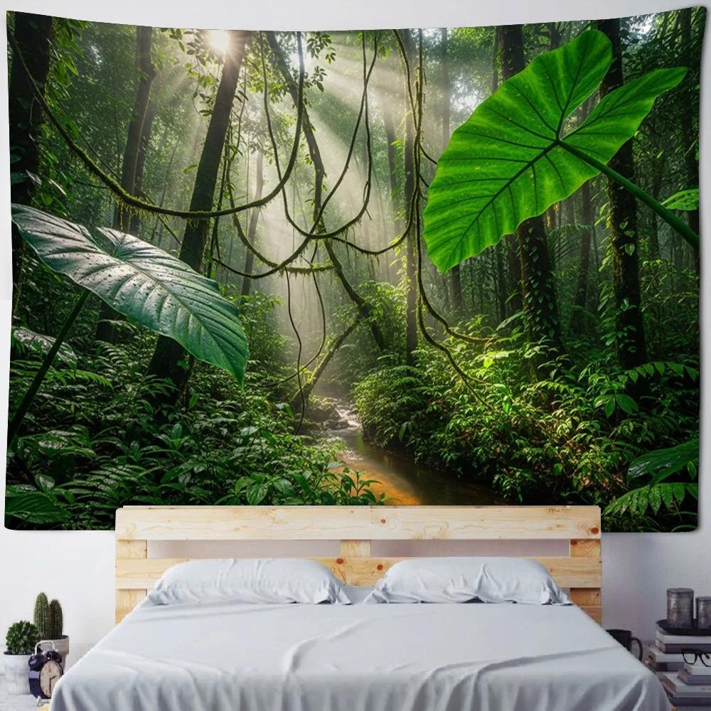 Green jungle tapestry, psychedelic castle home decoration wall hanging, Bohemian living room background cloth poster, sofa cover