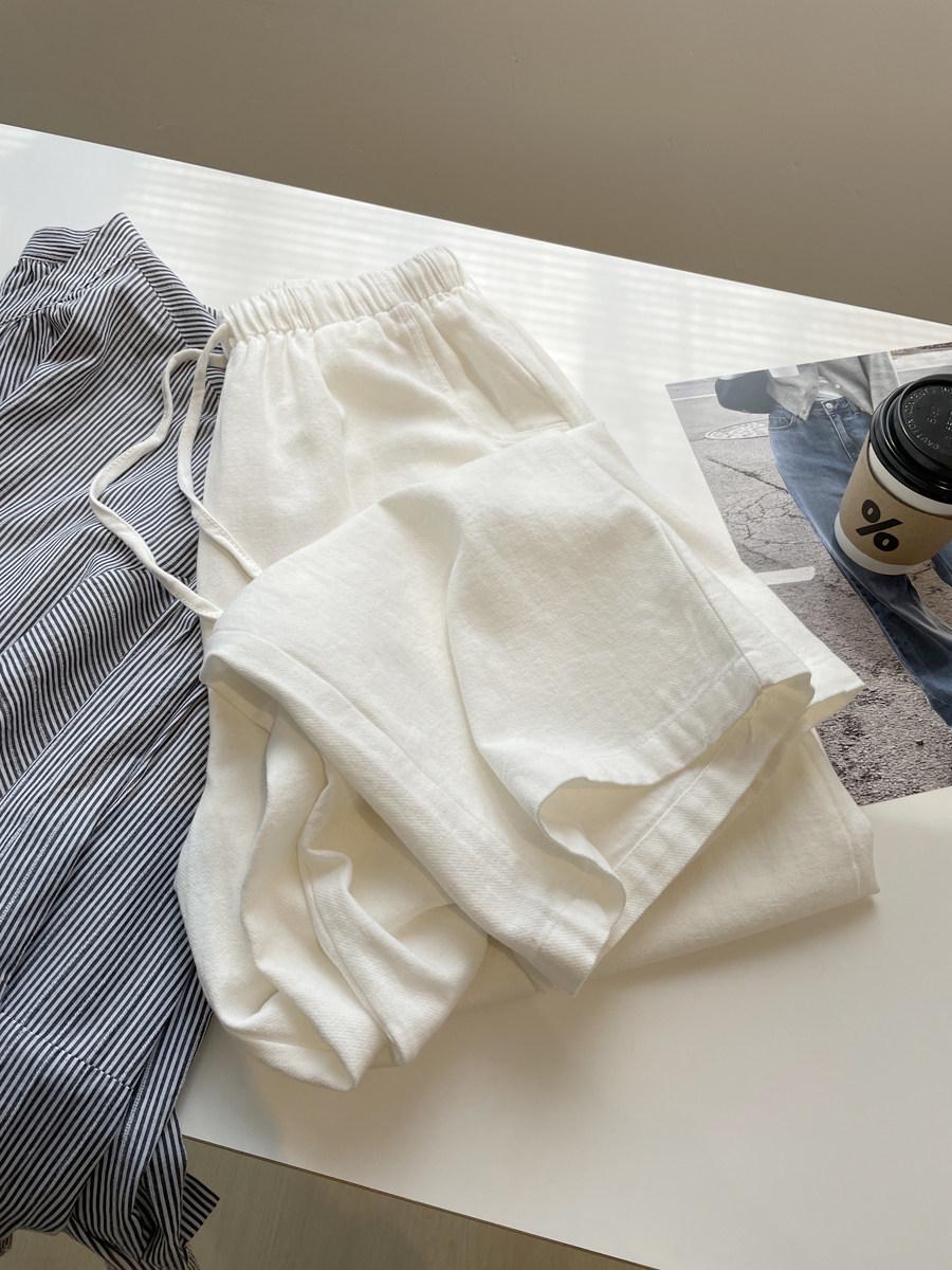 

Anti-See-Through White Cotton Linen Slimming Wide-Leg Pants for Women - Spring/Summer Elastic Waist Casual Wear Medium белый
