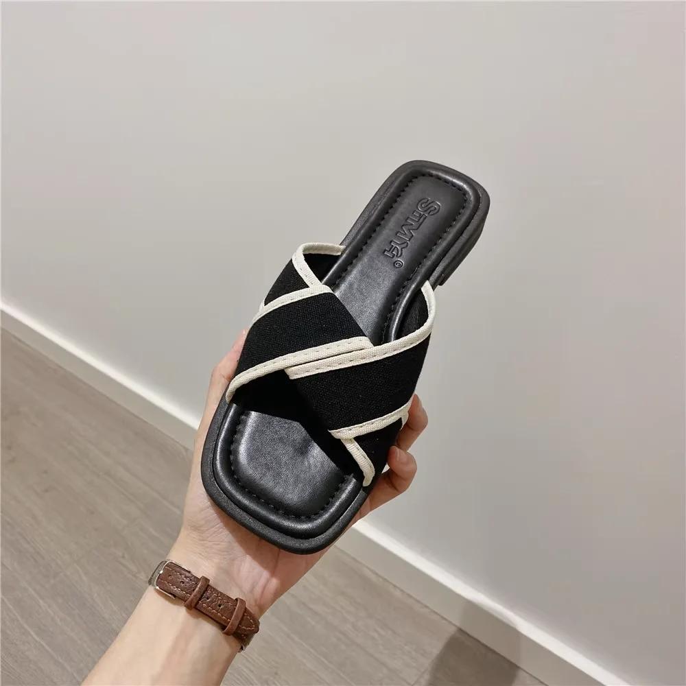 Fashion Women's Slippers and Ladies Sandals Open Toe Low Heel Outside on Beach House Black Indoor Home Slides Shoes Off White Word Flat