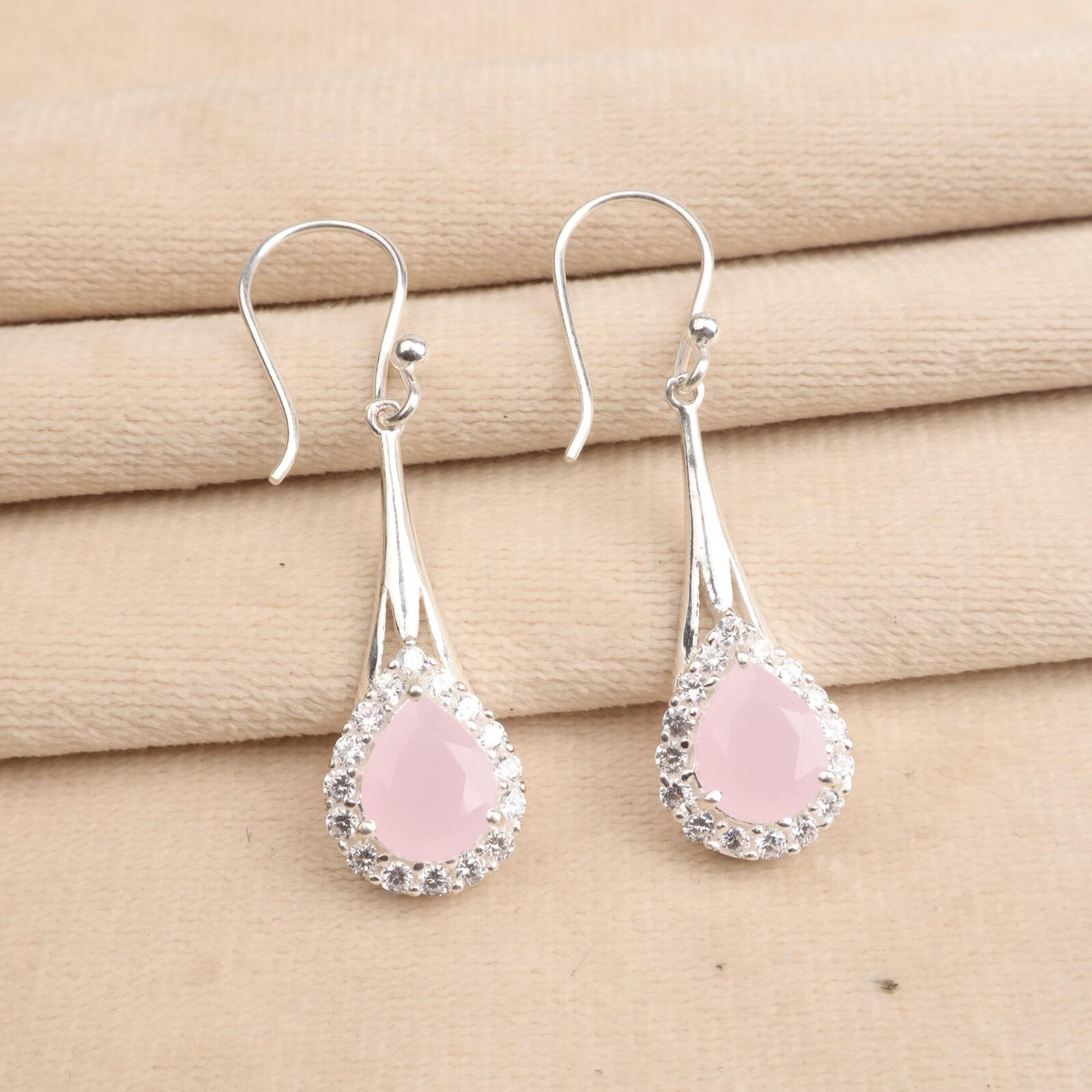 

Натуральный розовый халцедон, драгоценный камень, серебро 925 пробы, циркониевые серьги-крючки, 1,86 , CZE-7-16