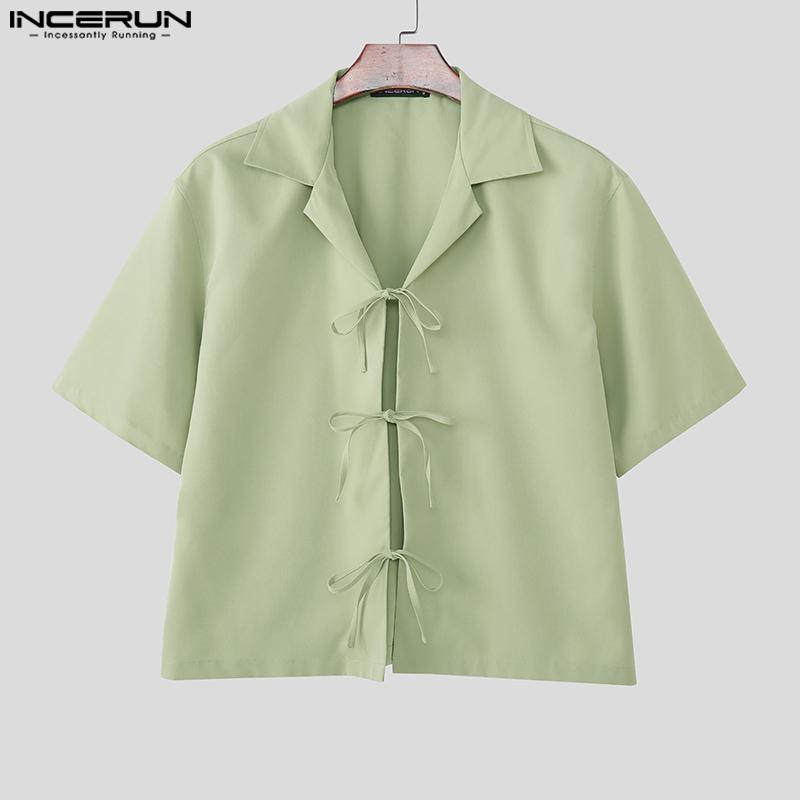 INCERUN Oversized Men Casual Lapel Neck Short Sleeve Bow Knot Solid Color Shirts Tops