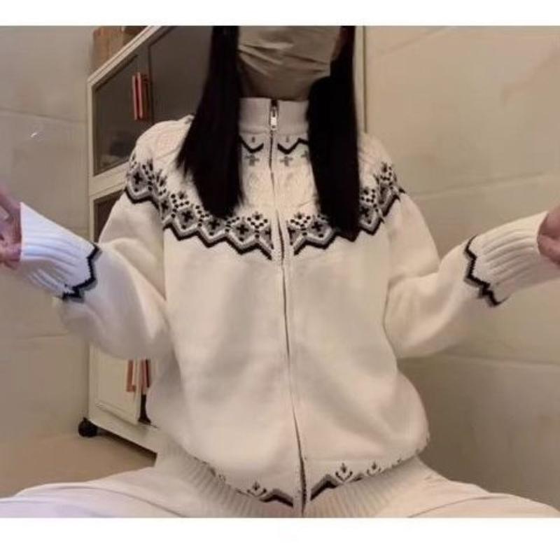 Damen Geometrisches Muster Jacquard Strickjacke Amerikanischer Retro Rundhals Reißverschluss Pullover Herbst Ausdruck Mode Damen Übermantel