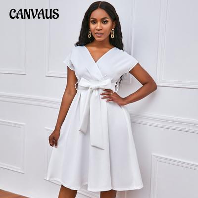 Plus Size Summer Women's Dress V-Neck Solid Color Waisted Bow Tie Hem Gown Dress