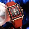 New Creative Hollow Chronograph Square Watch Man Fashion Business Silicone Waterproof Quartz Men's Watches Montre Homme+BOX