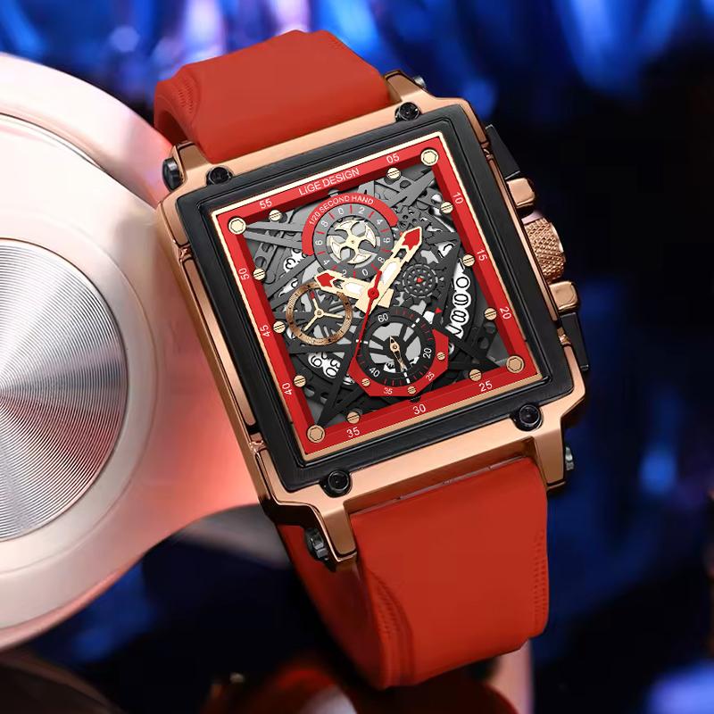 New Creative Hollow Chronograph Square Watch Man Fashion Business Silicone Waterproof Quartz Men's Watches Montre Homme+BOX