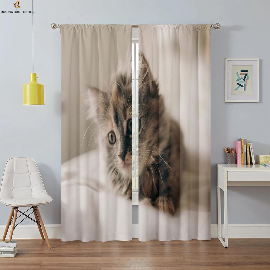 Black Cool Cat Printed Curtain Bedroom Kitchen Living Room Kids Decorative Curtains Set Of 2 Made Polyester With Rod Pocket Sitting Decor