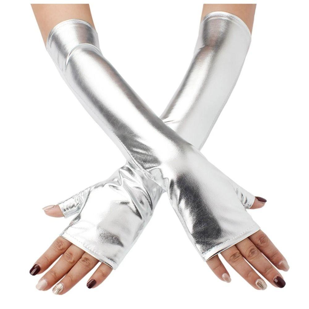 Fake Leather Metallic Gloves Gold Silver Long Gloves Sexy Leather Gloves  Evening Party