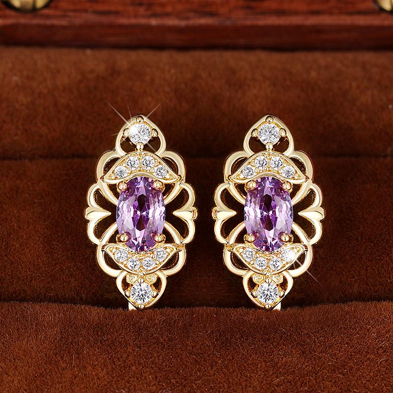 Huitan Aesthetic Women's Hoop Earrings Hollow Pattern Oval Purple CZ Elegant Female Earrings Anniversary Party Trendy Jewelry