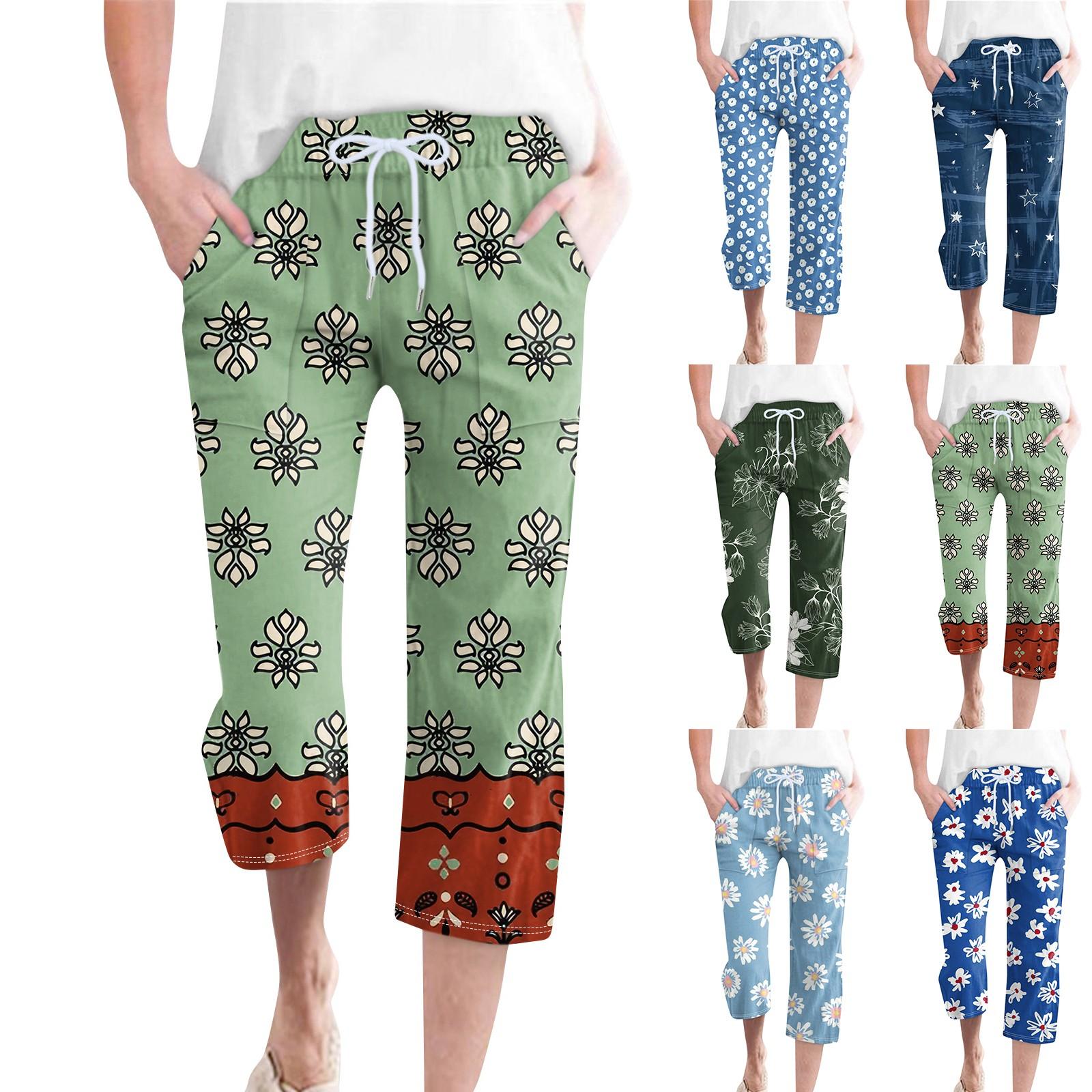 

Брюки для женщин, повседневные летние однотонные эластичные брюки с высокой талией из хлопка и льна, свободные брюки с карманами и завязками до середины штанин