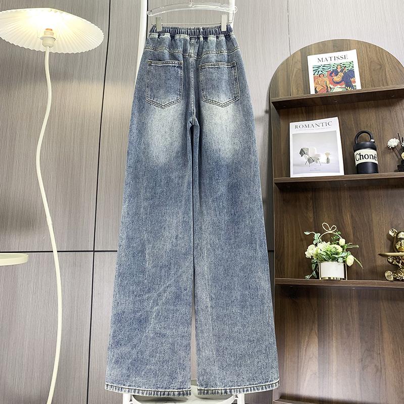 DIMANAF 2025 Plus Size New Autumn Blue Basic Elastic Jeans Pants Women Loose Denim Trousers Big Casual Pants 6XL