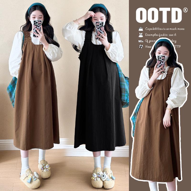 2026 Spring Maternity Set: Round Neck Shirt and Suspender Skirt M