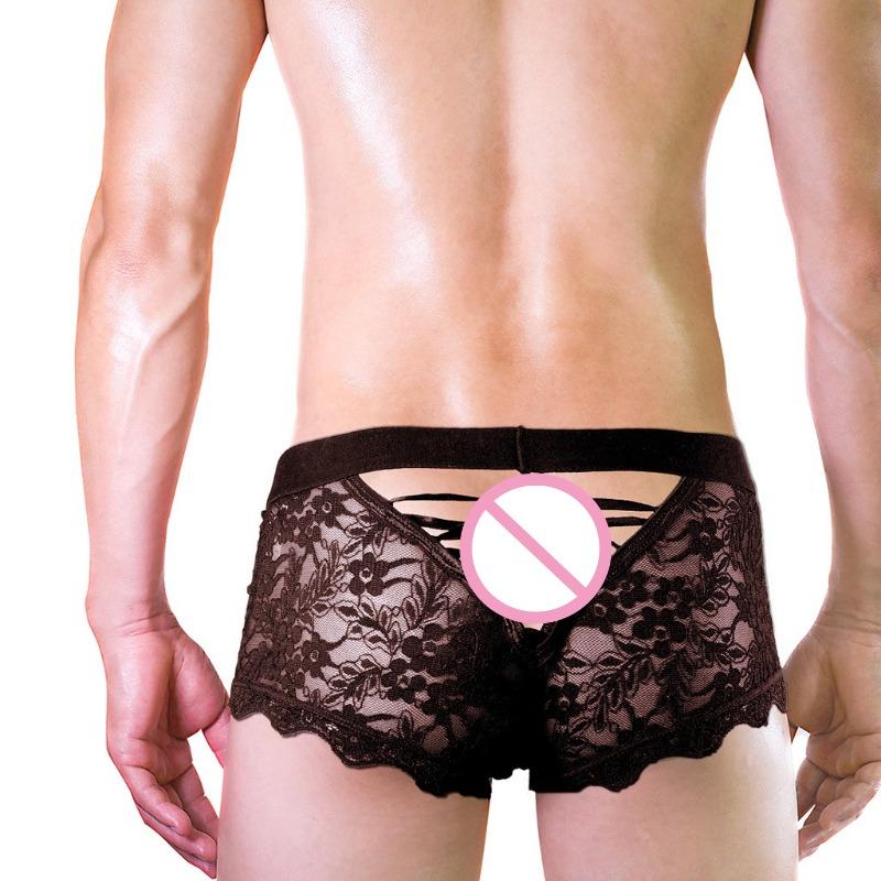 Men'S Floral Lace Boxers Sissy Lingerie Sexy Low Rise Mesh See Through Underwear For Men With Lace Back Tie Underpanties Trunks