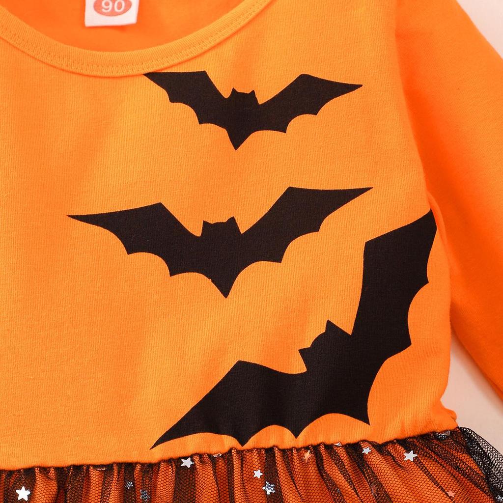 European and American Halloween Cosplay Batwing Mesh Dress for Girls - Autumn Long-Sleeve Style