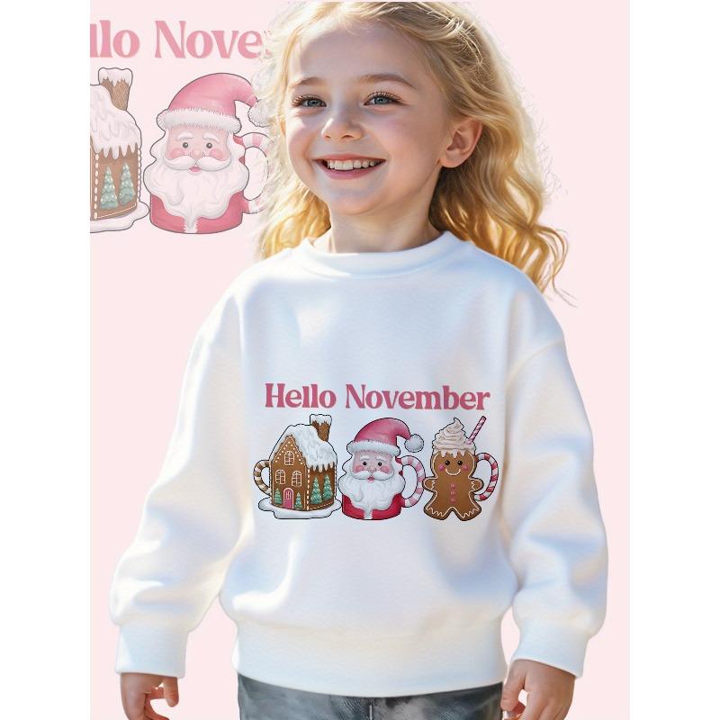 Kids Sweatshirt Hello November: Festive Christmas Illustrations Print Long Sleeve Crewneck Sweatshirt - Soft Casual Pullover Top 110 белый