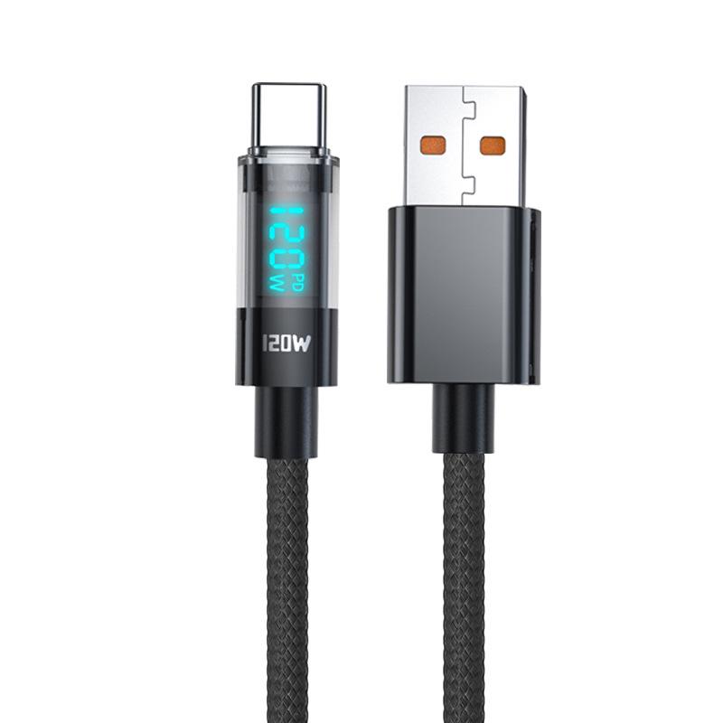120W Type-C Fast Charging Cable with Digital Display - Compatible with Apple 15/17, Huawei, Xiaomi, 6A Super Speed Charging.