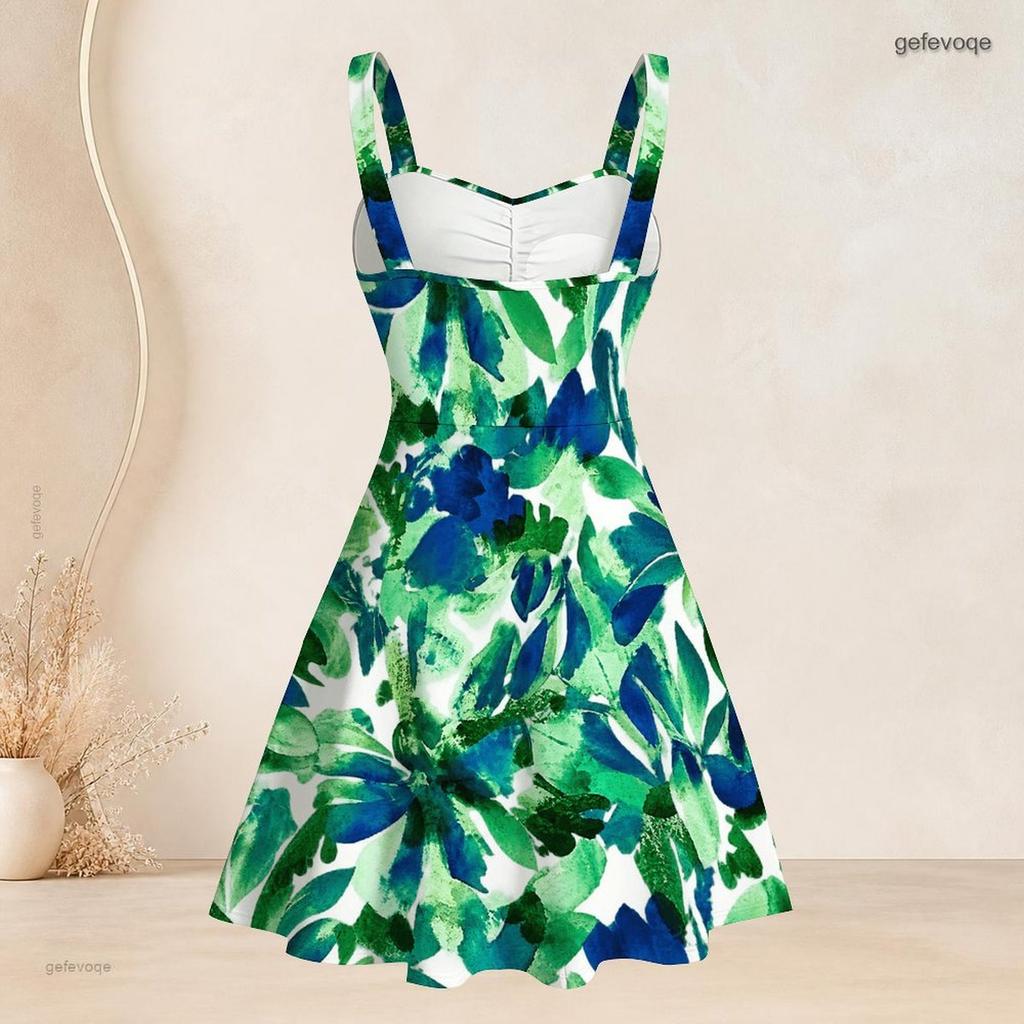 Women Plus Size Square Neck Strappy Open Shoulder Sleeveless Dress Green Blue Floral Printed Flared Hem