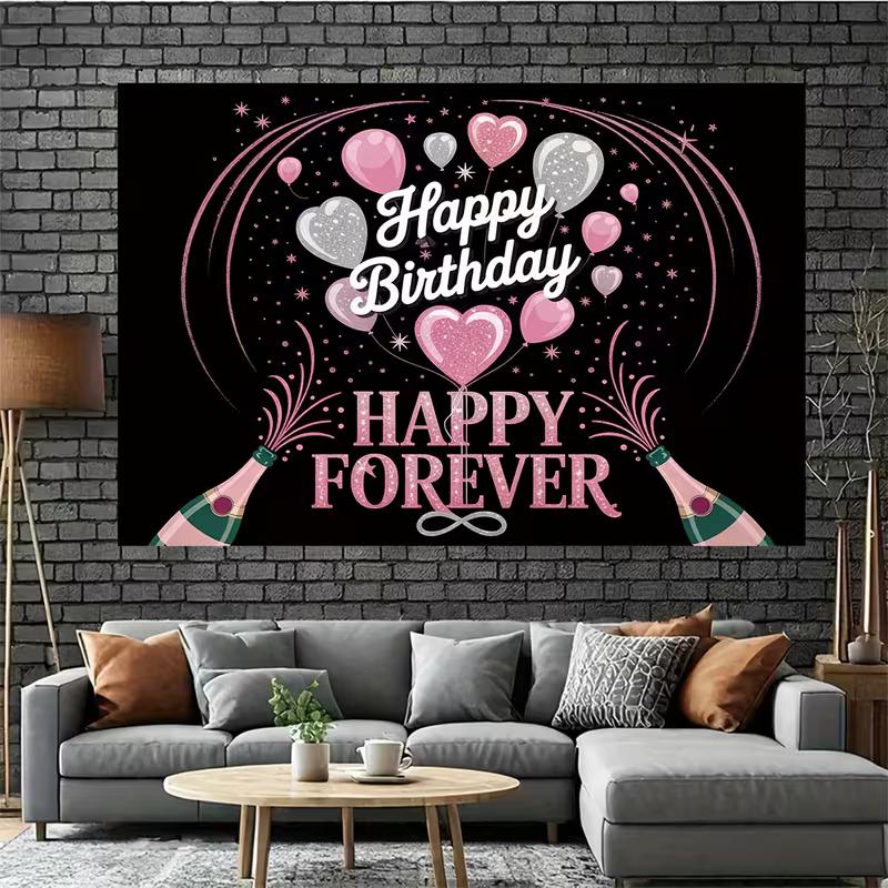 2D Happy Forever Birthday Backdrop, 2D Pink Silver Party Background for Photoshoot