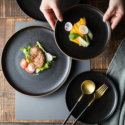 Black Frosted Steak Plate Gold Plated Ceramic Round Western Food Plate Home Cooking Dishes El Restaurant Tableware Kitchen