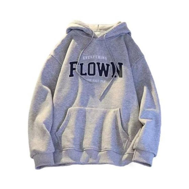 Unisex Casual Hoodie Long Sleeves Letter Print Solid Color Daily Wear Couple Top Elastic Cuff Big Pocket Mid Length Fall Spring Hooded M серый