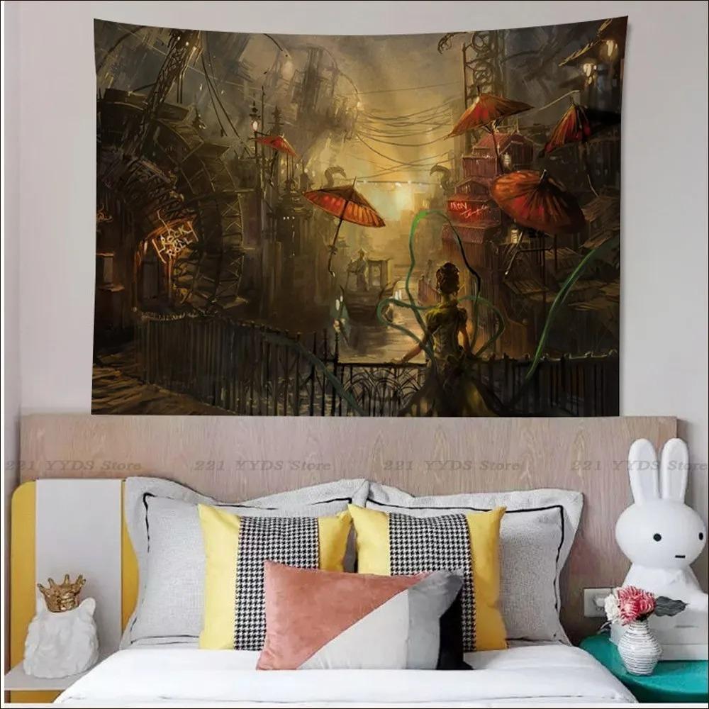 Office Living Room Tapestry Retro Steam Train Punk Style Hanging Cloth Home Wall Decoration Tapestry