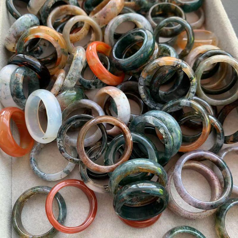Q3 Natural A-grade Ice-clear Agate Chalcedony Water Grass Jade Ring, Artistic Chinese Style Plain Band Finger Guard