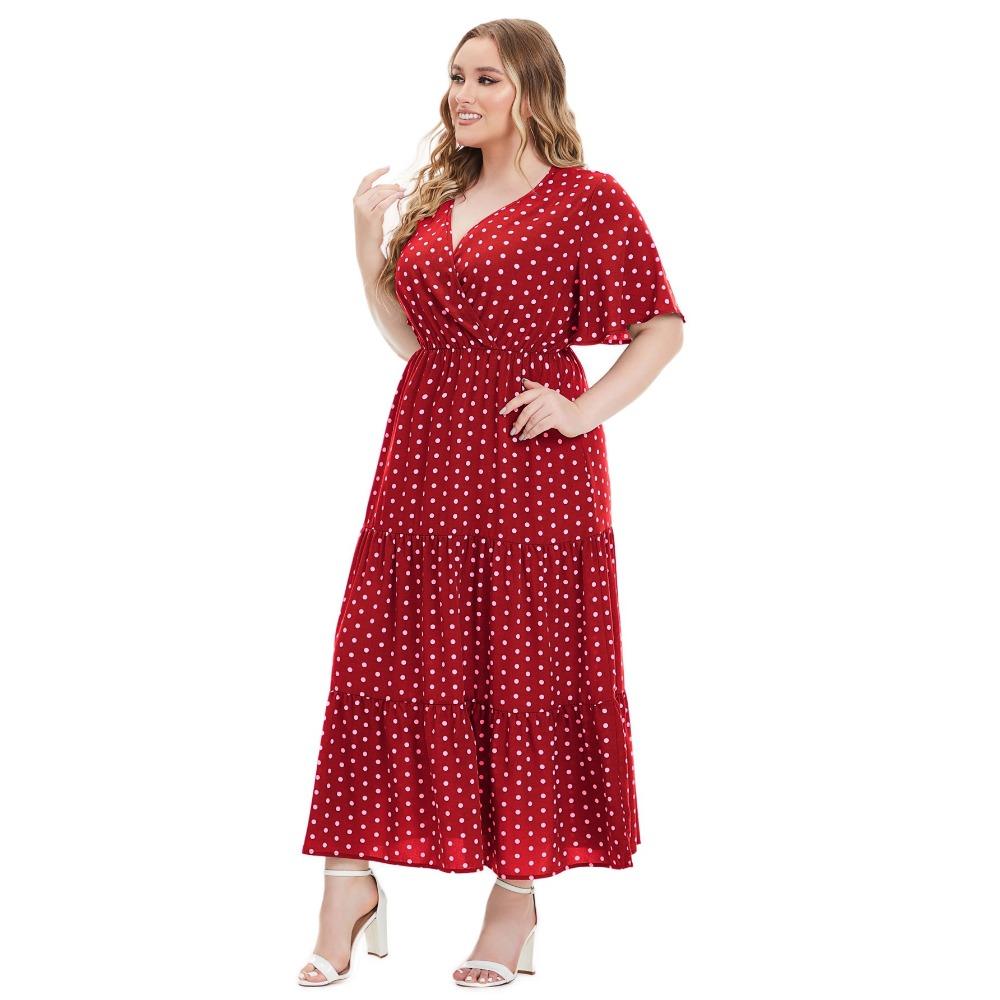 Sommerliches Polka Dot-Kleid in Übergröße mit V-Ausschnitt und kurzen Ärmeln im europäischen und amerikanischen Stil