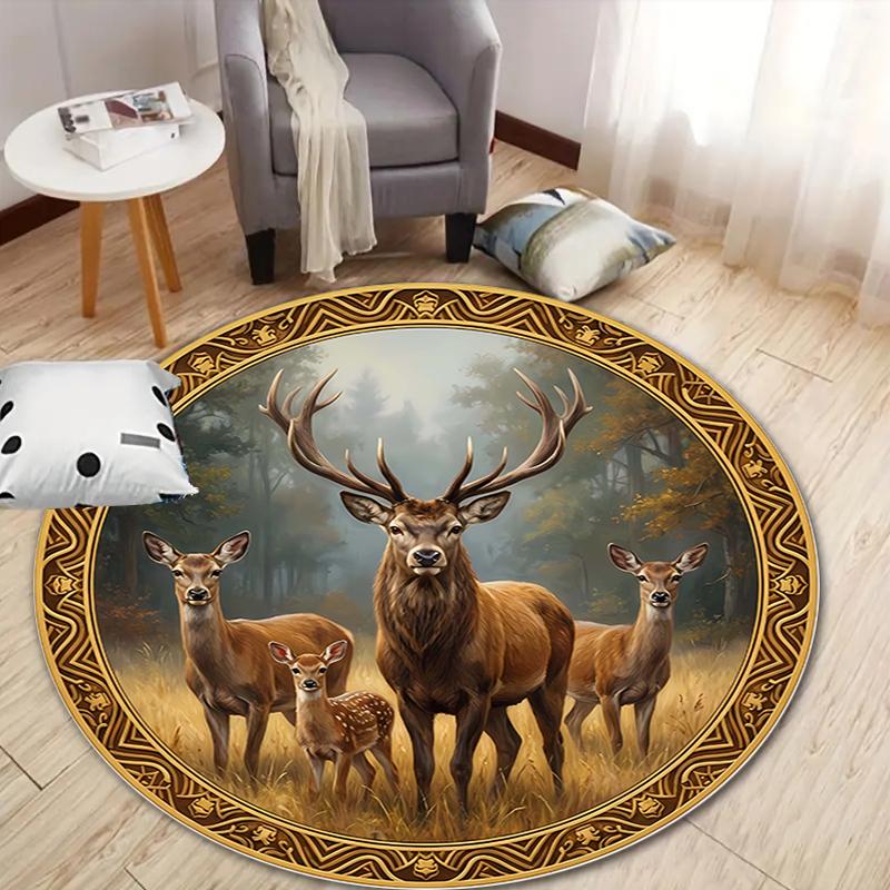 Deers Round Area Rug,Carpet Rug for Living Room Bedroom Sofa Playroom Decor,Non-slip Floor Mat
