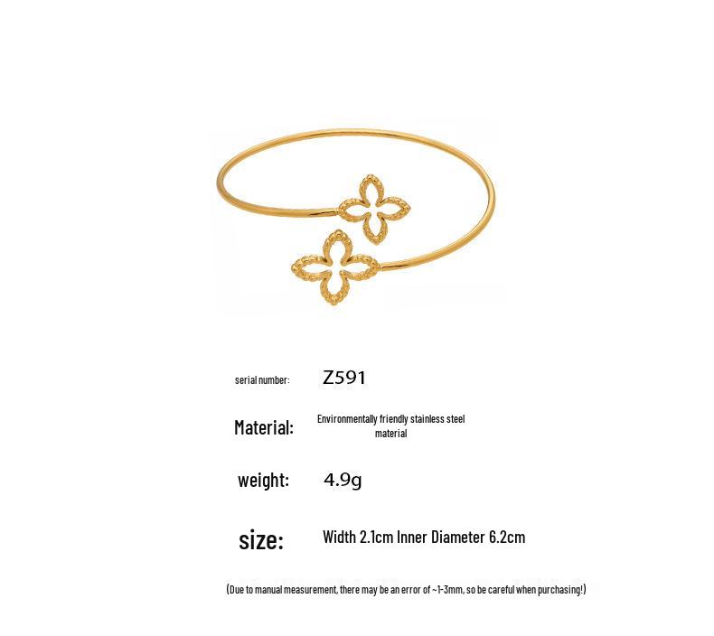 Elegant Double Flower Open Bracelet, 18k Gold-Plated Stainless Steel