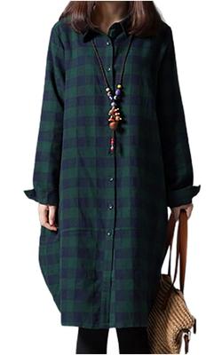 Checked Long Sleeve Shirt Loose M-Luce Women's Dress, Autumn/Winter, Fit, Slimming, Flattering, A-Line Tunic, Knee-Length, Casual, Soft, Cute, Simple,