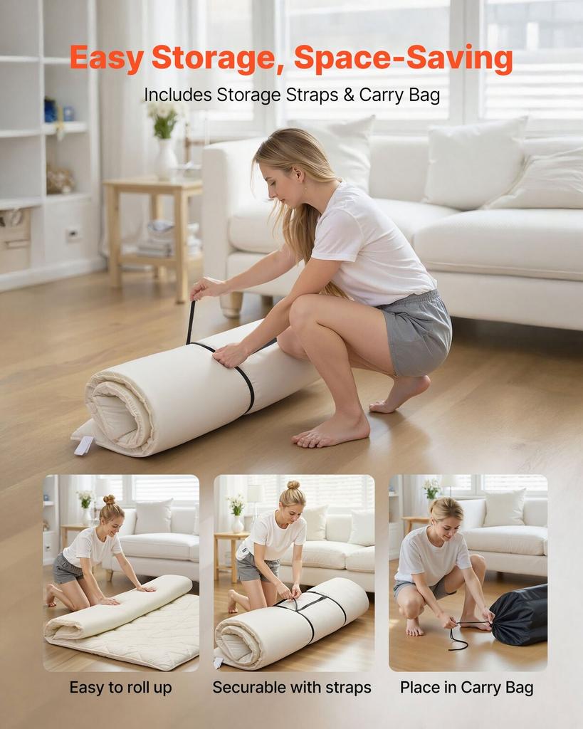 Japanese Tatami Mat, Queen Size Foldable Japanese Tatami Mattress, Futon Mattress with Storage Bag & Fastener, 9-Layer Floor Mat for Sleeping, Dorm,