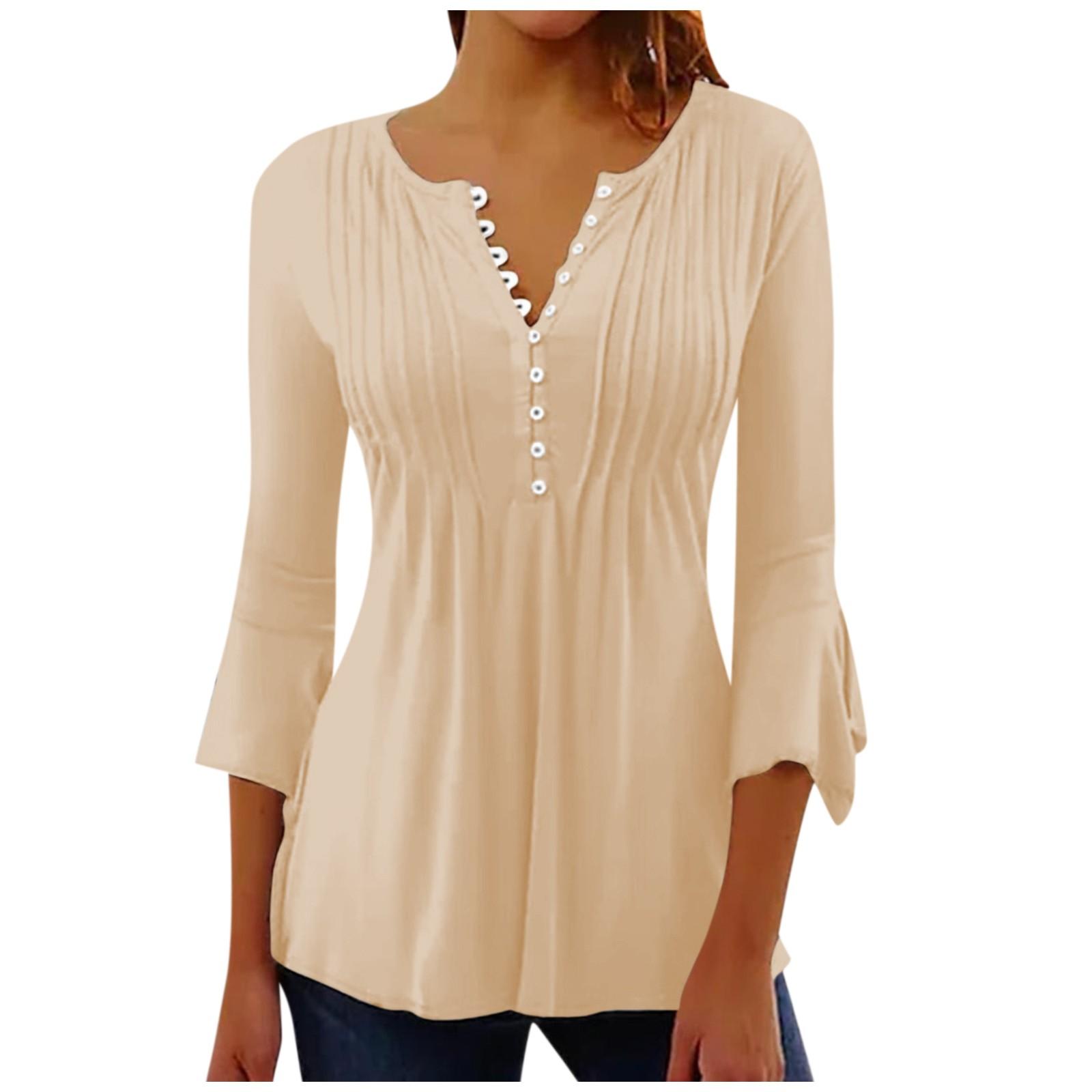

Button Down Top For Women Solid Color Tops Casual Bell 3/4 Sleeve V Neck Top M бежевий