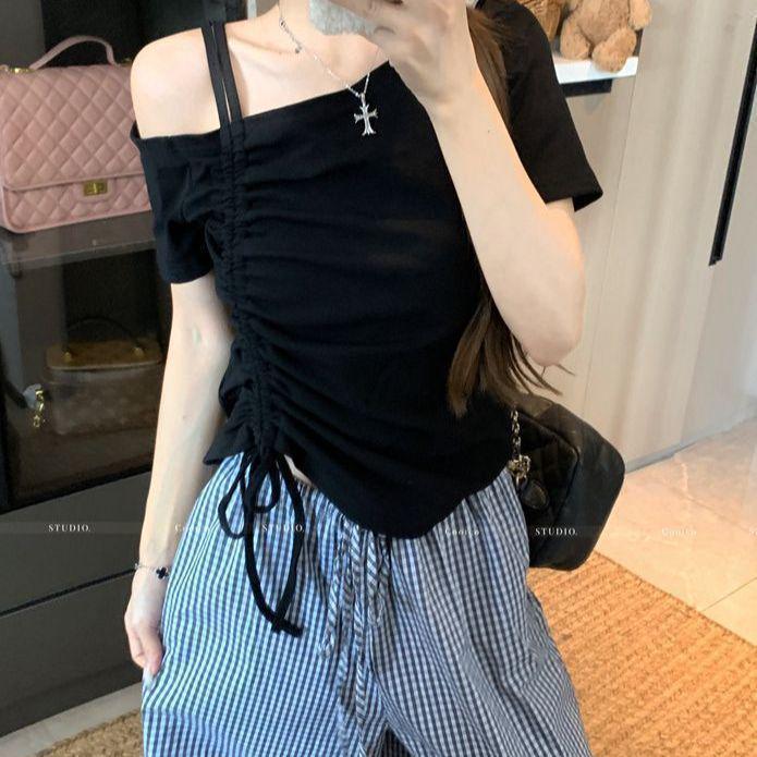 Plus Size Women's Off-the-Shoulder Slimming Drawstring Short-Sleeve Top