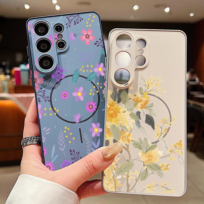 INS Sunflower Print Magnetic Case For Samsung S26 Ultra S25 Edge S24 FE S23 S22 Plus A54 A15 A35 A55 A16 A36 A56 A17 A37 A57 5G Matte Cover
