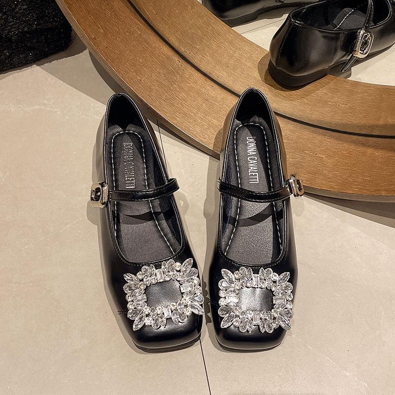 Flat-bottomed French versatile shallow-mouth single shoes women's spring and summer 2025 new one-word with rhinestone square head Mary Jane shoes