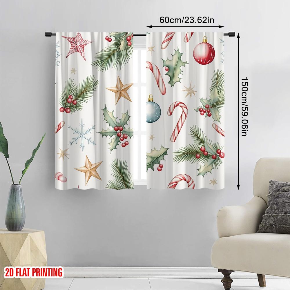 2pcs,2D Plane Printing Minimalist Curtains Christmas Ornaments Pinecones Holly Snowflakes Polyester Fabric (without Rod)