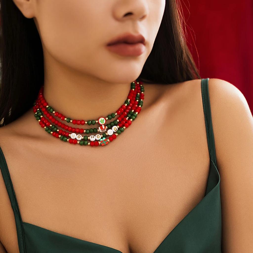4Pcs Creative Red Crystal Polymer Clay Chain Necklace for Women Delicate Santa Claus Choker Sweater Christmas Neck Jewelry Party