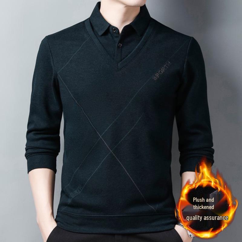 Men s 2024 Autumn/Winter Plus Velvet Knit Patchwork Collar Shirt 3XL