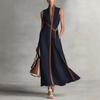 Damen Standkragen Ärmellos Unifarben Kontrastbänder Wickelgürtel Leinenmischung Maxikleid Elegant Pendler Täglich Urlaub Langes Sommerkleid
