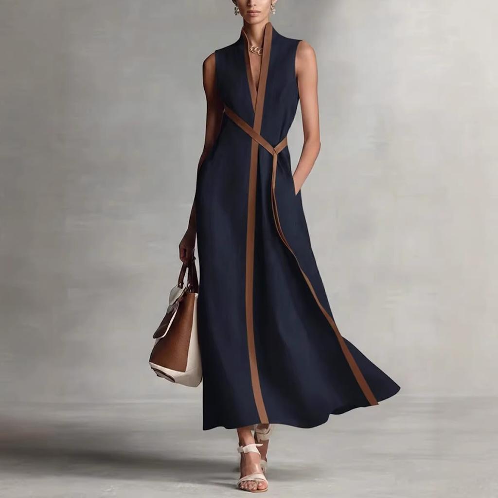 Damen Standkragen Ärmellos Unifarben Kontrastbänder Wickelgürtel Leinenmischung Maxikleid Elegant Pendler Täglich Urlaub Langes Sommerkleid