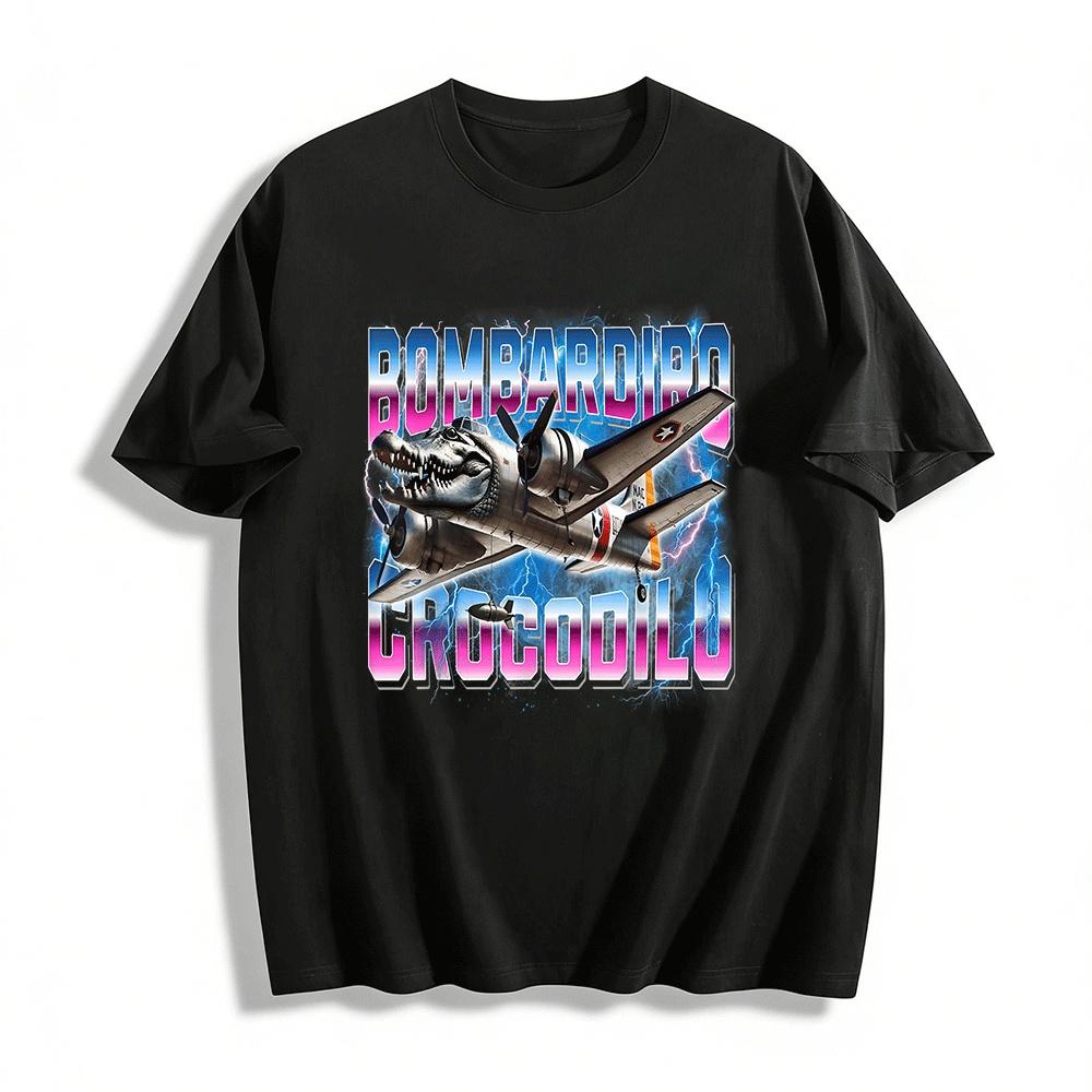 Vintage Crocodile Bomber Graphic Tee Trendy Military Style Top Pure cotton T-shirt XXS