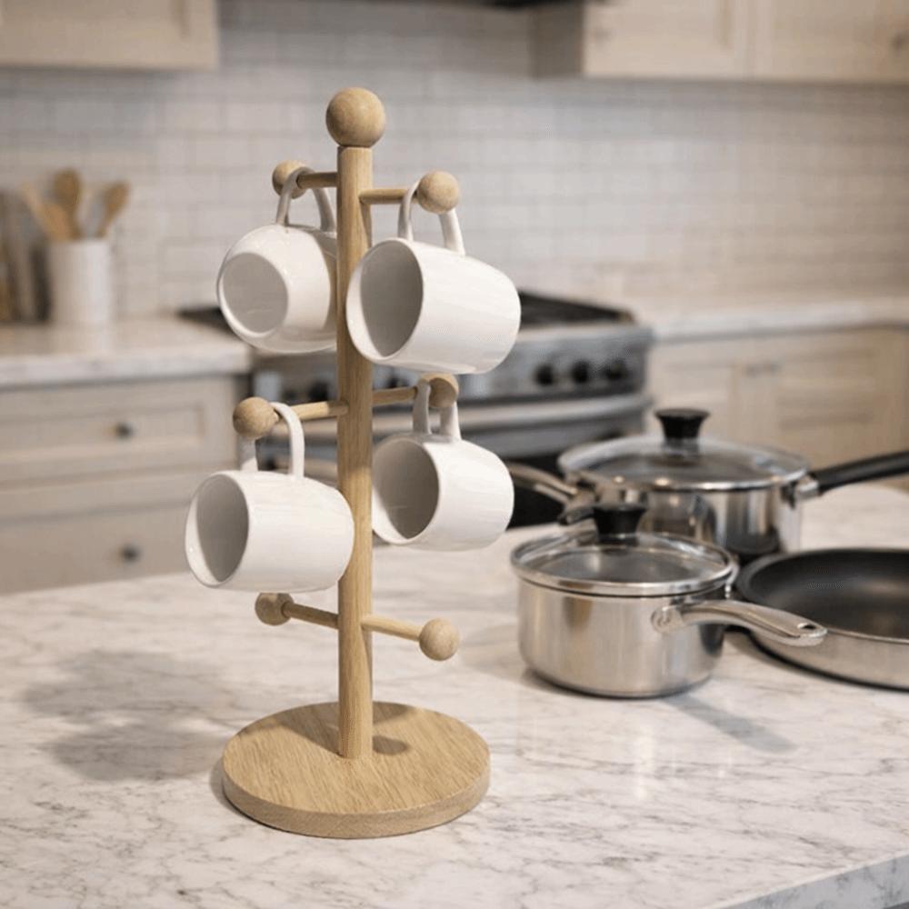 Kitchen Organizer Wooden Cup Storage Holder 6 Hooks Design Tree Shape Tea Cups Drainer Non-Slip Base Sturdy Mug Holder Kitchen