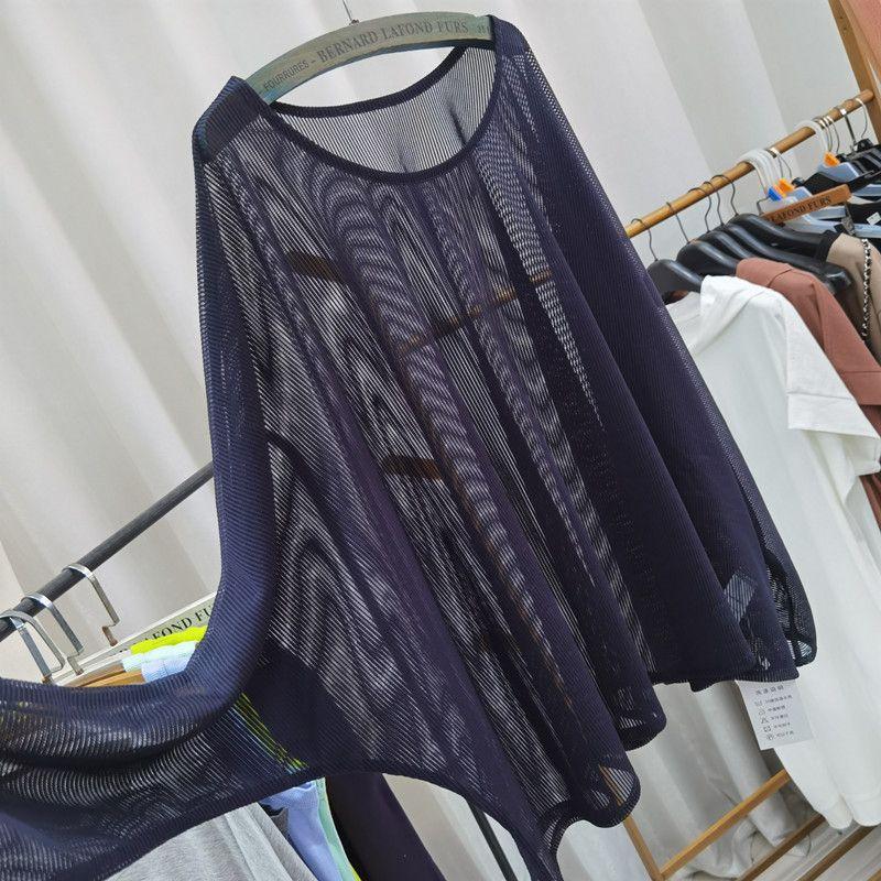 

2025 Summer Wear New Arrival Fashion Loose plus Size Crew Neck Cut Out Transparent Blouse All-Matching Outer Wear Lace Screen Tops Outer Wear Navy blue All yards
