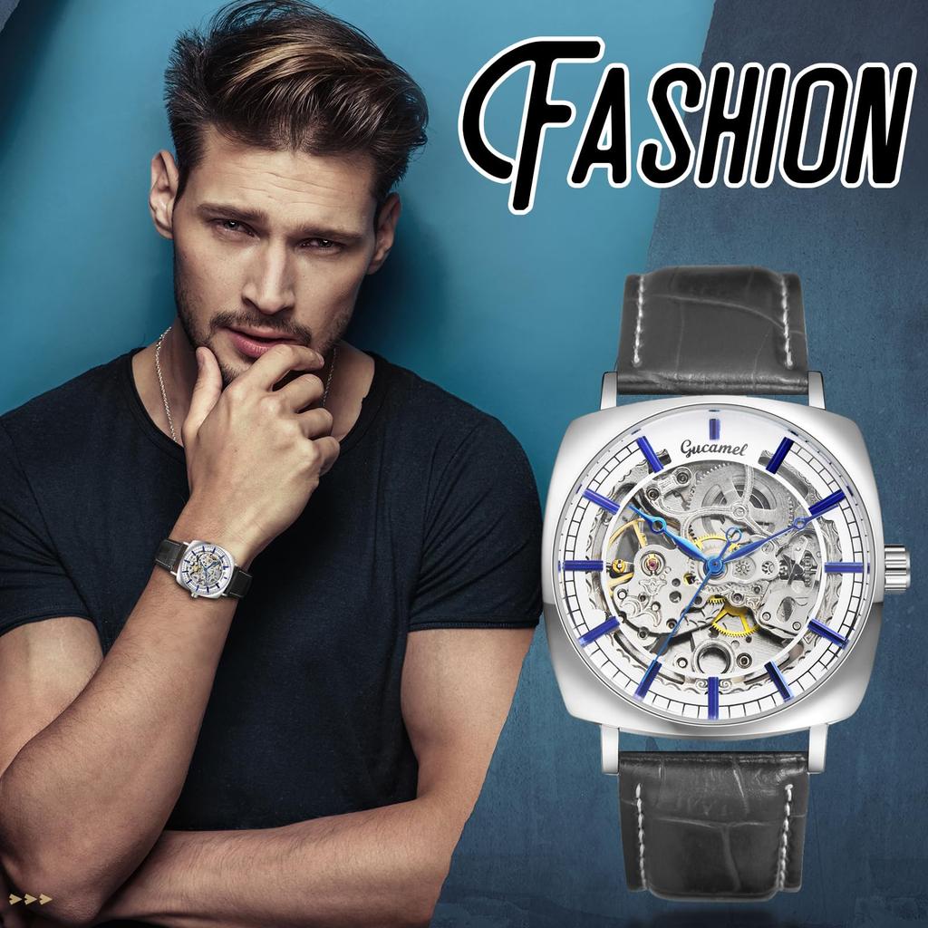 Men's Automatic Watch Genuine Leather Strap Analog Display 3ATM Waterproof Gold Silver Casual Business Fashion Accessory