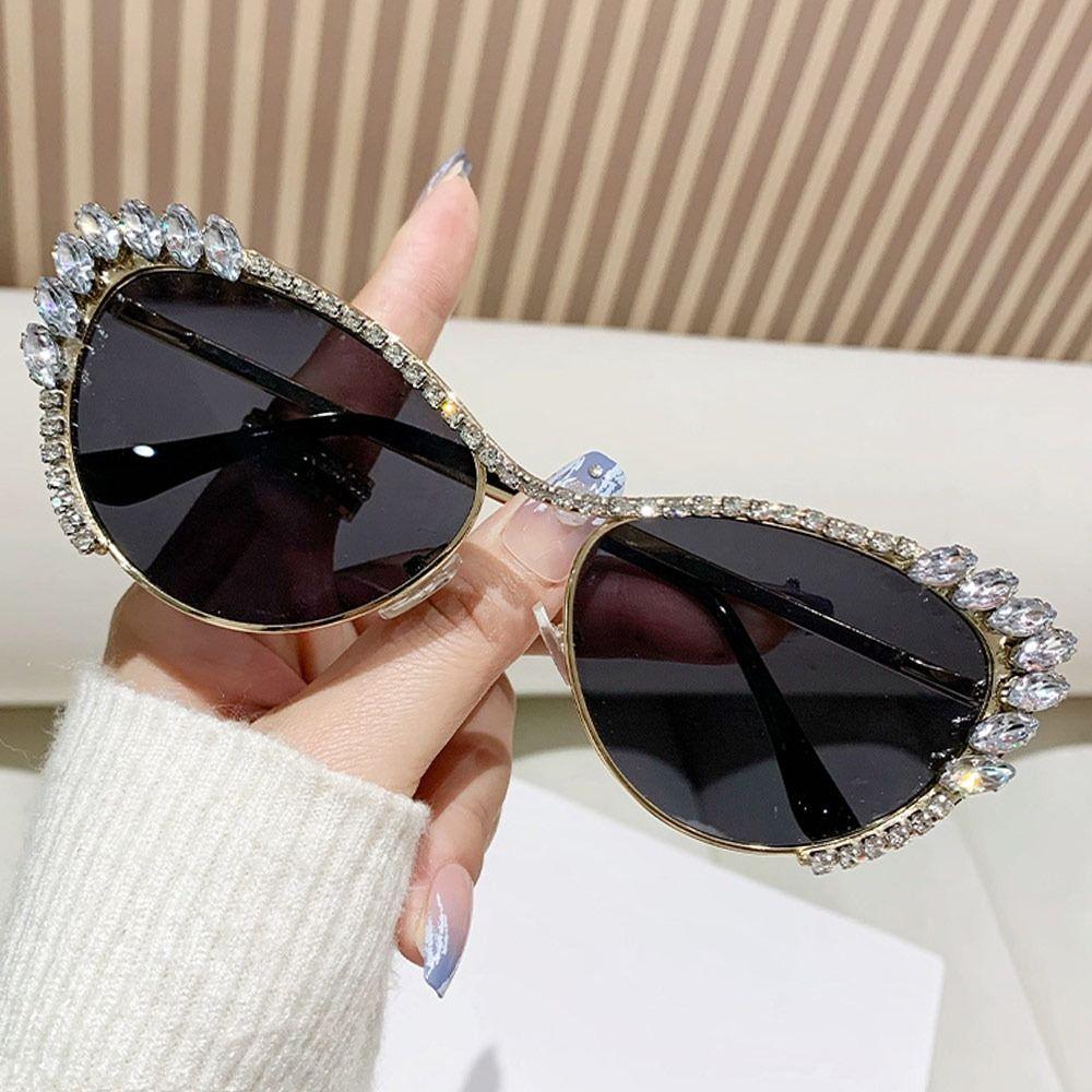 

Модные солнцезащитные очки «кошачий глаз» со стразами, металлические, уличные, с защитой от ультрафиолета, женские очки для уличной стрельбы черный серый