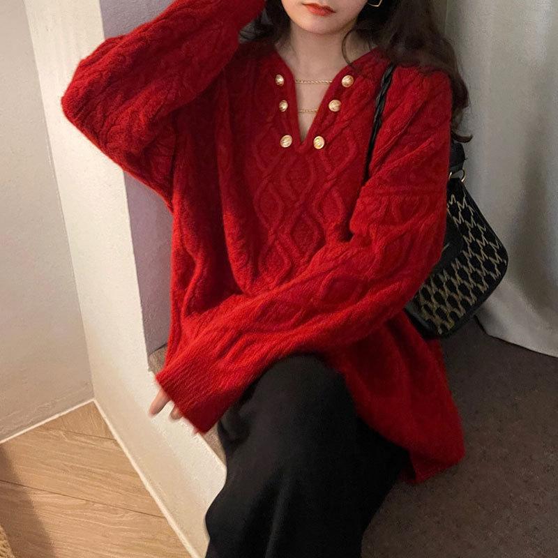 Herbst und Winter Damen Pullover Twist Temperament sanfter fauler Wind Pullover gestrickt Top lose Oberbekleidung Flut