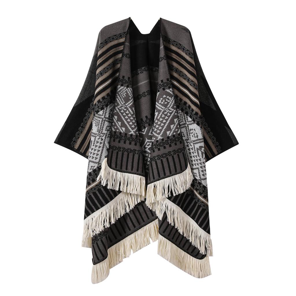 Ethnic Style Tassel Shawl: Xinjiang Tibet Yunnan Lijiang Travel Jacquard Outerwear Warm Striped Cape
