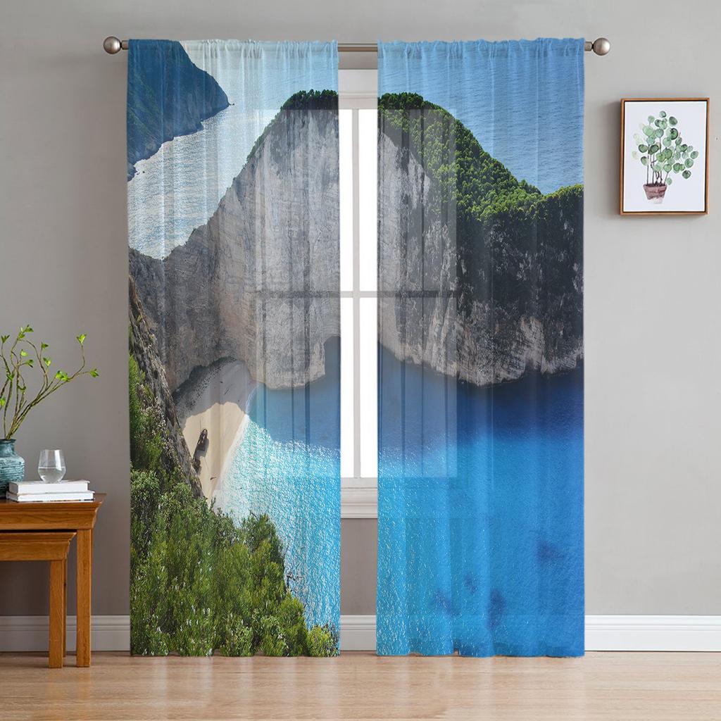 Greece Santorini Blue Roof Church Tulle Sheer Window Curtains for Living Room Kitchen Children Bedroom Voile Hanging Curtain