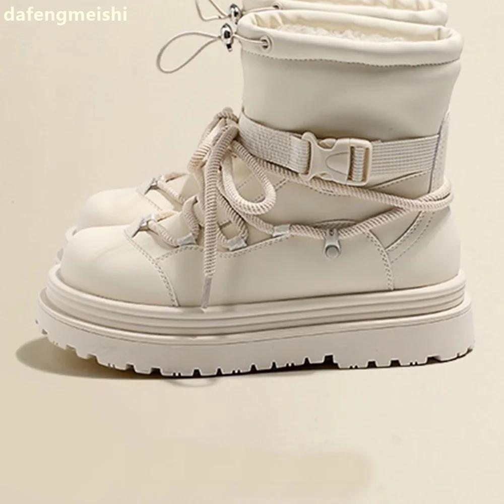 2025 Winter New Snow Boots Plush Warm Round Toe Thick Sole Mid-Calf Boots Black/beige Leather Elastic Band Snow Boots